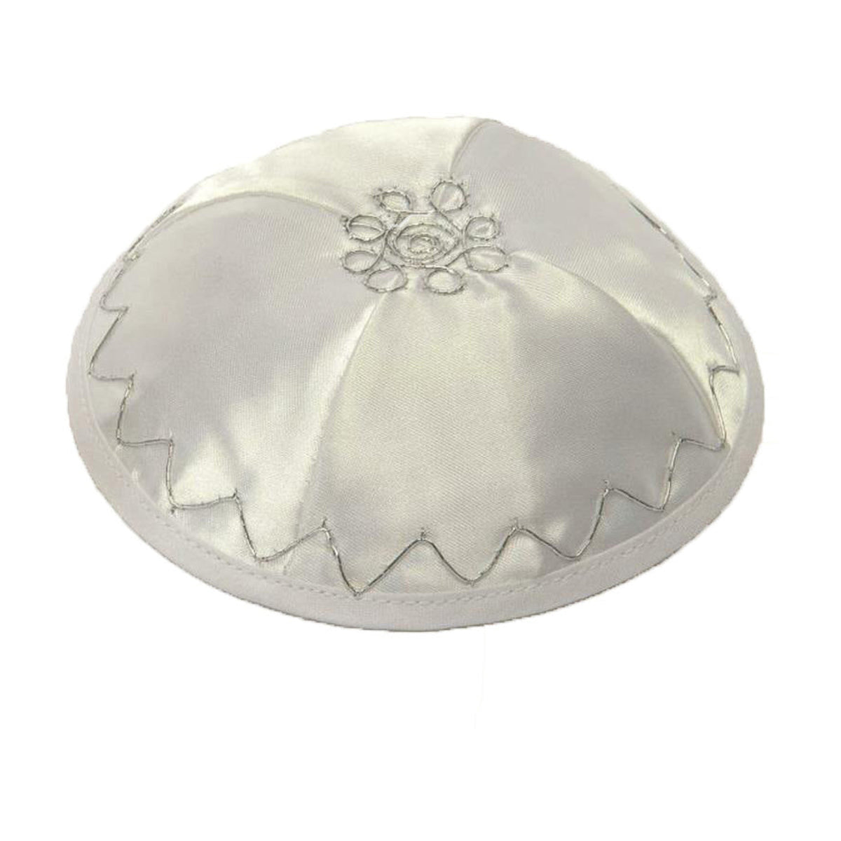 White Satin Kippah with a Silver/White Design
