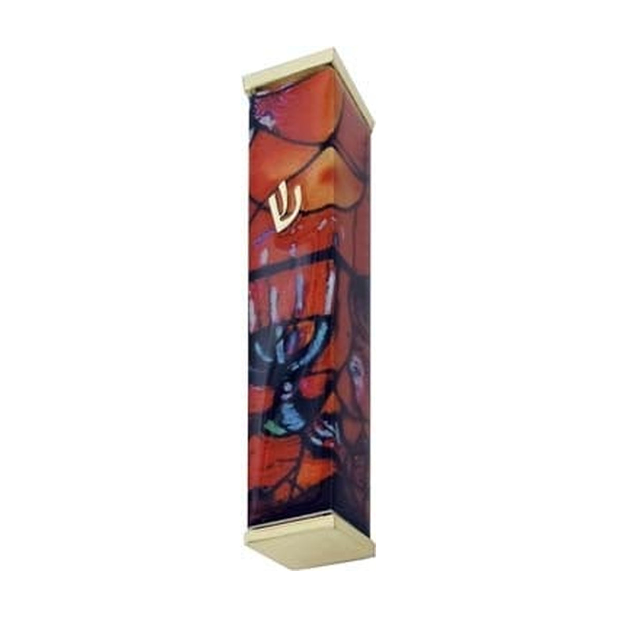 Aluminum Mezuzah Case, 8cm, Chagall Windows, Red with Gold Tips
