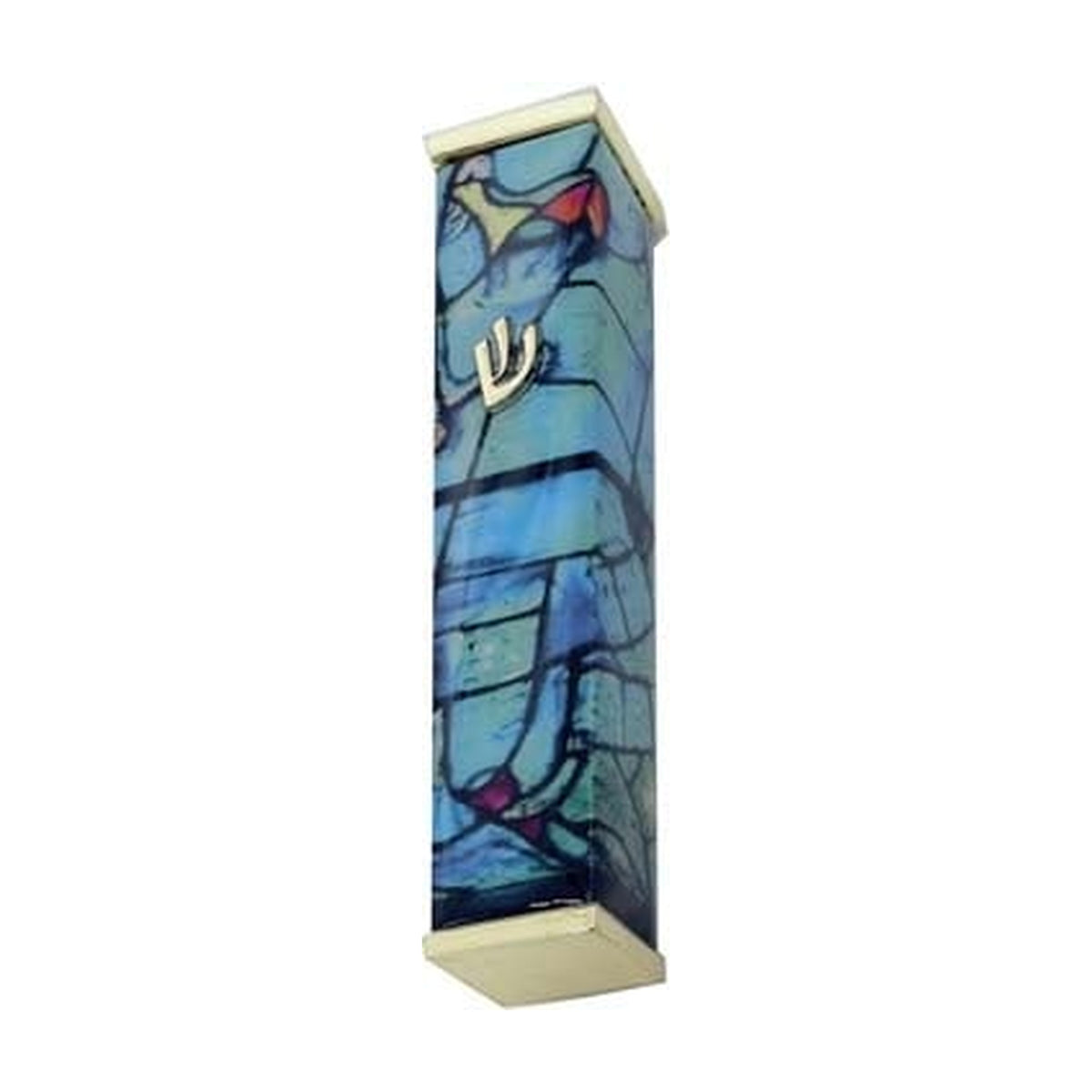 Aluminum Mezuzah Case, 8cm, Chagall Windows, Turquoise with Gold Tips