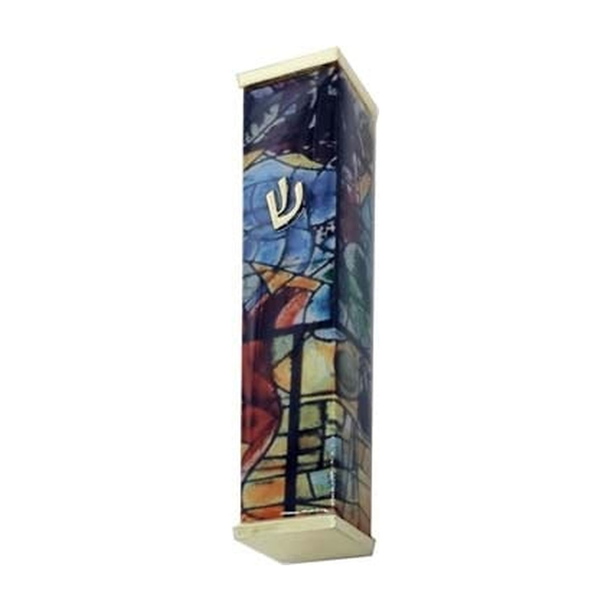 Aluminum Mezuzah Case, 8cm, Chagall Windows, Multicolour with Gold Tips
