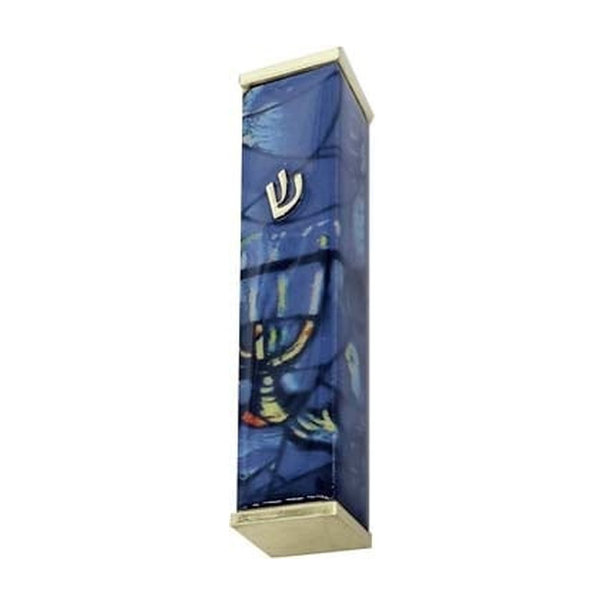 Aluminum Mezuzah Case, 8cm, Chagall Windows, Blue with Gold Tips