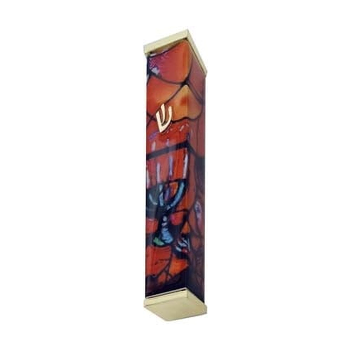 Aluminum Mezuzah Case, 10cm, Chagall Windows, Red with Gold Tips