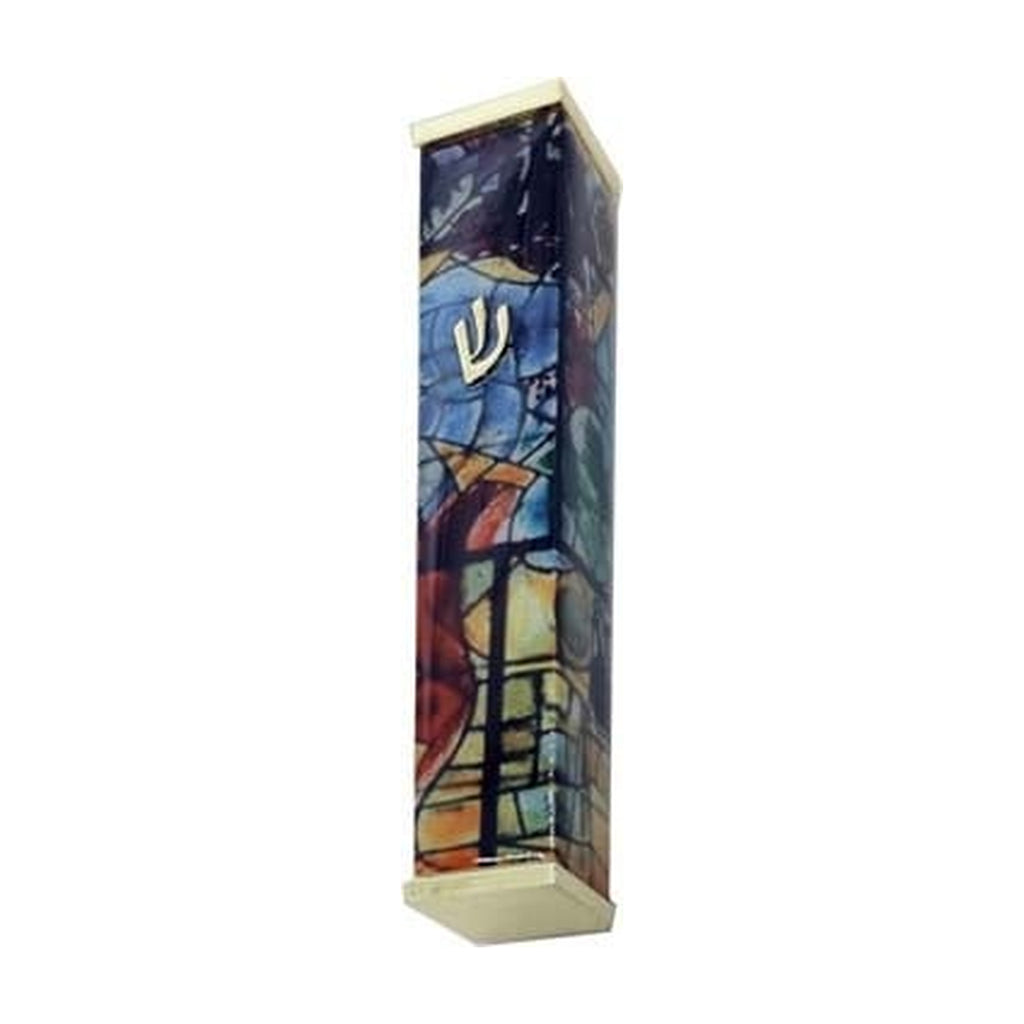 Aluminum Mezuzah Case, 10cm, Chagall Windows, Multicolour with Gold Tips