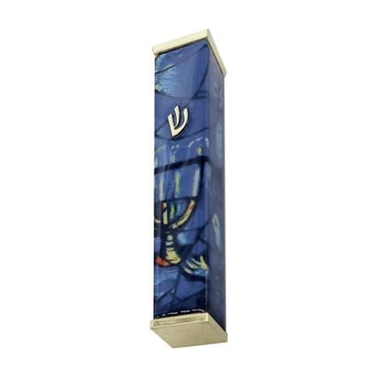 Aluminum Mezuzah Case, 10cm, Chagall Windows, Blue with Gold Tips