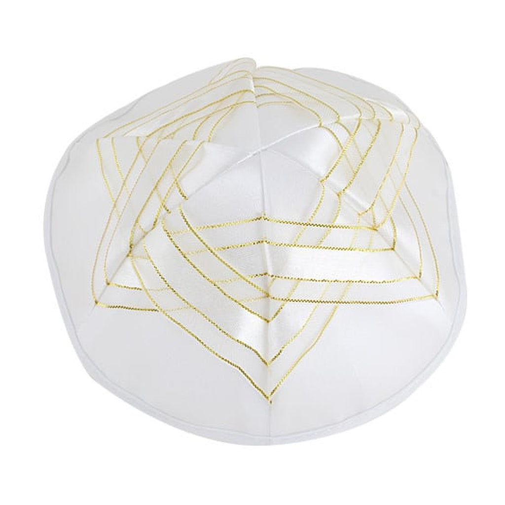 Kippah, White Satin, Gold Magen David