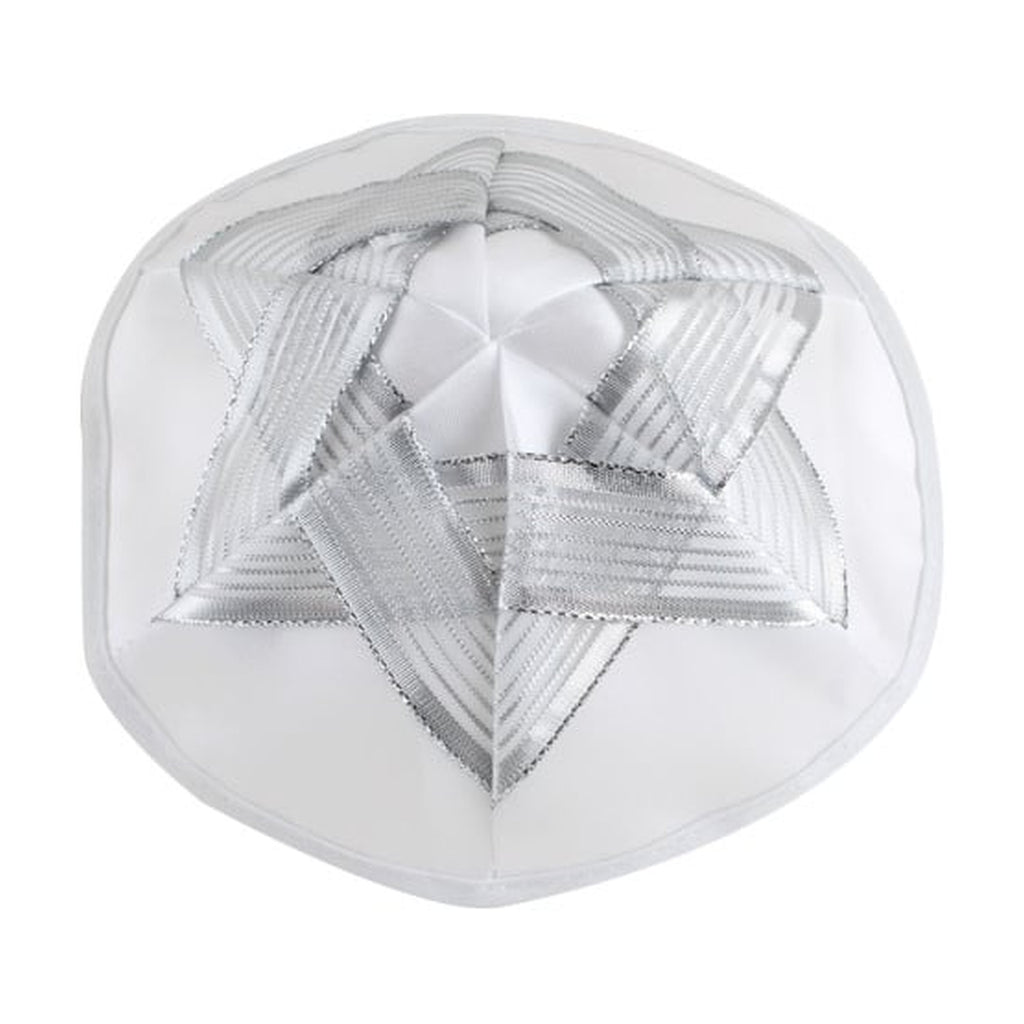 Kippah, White Satin, Silver Magen David
