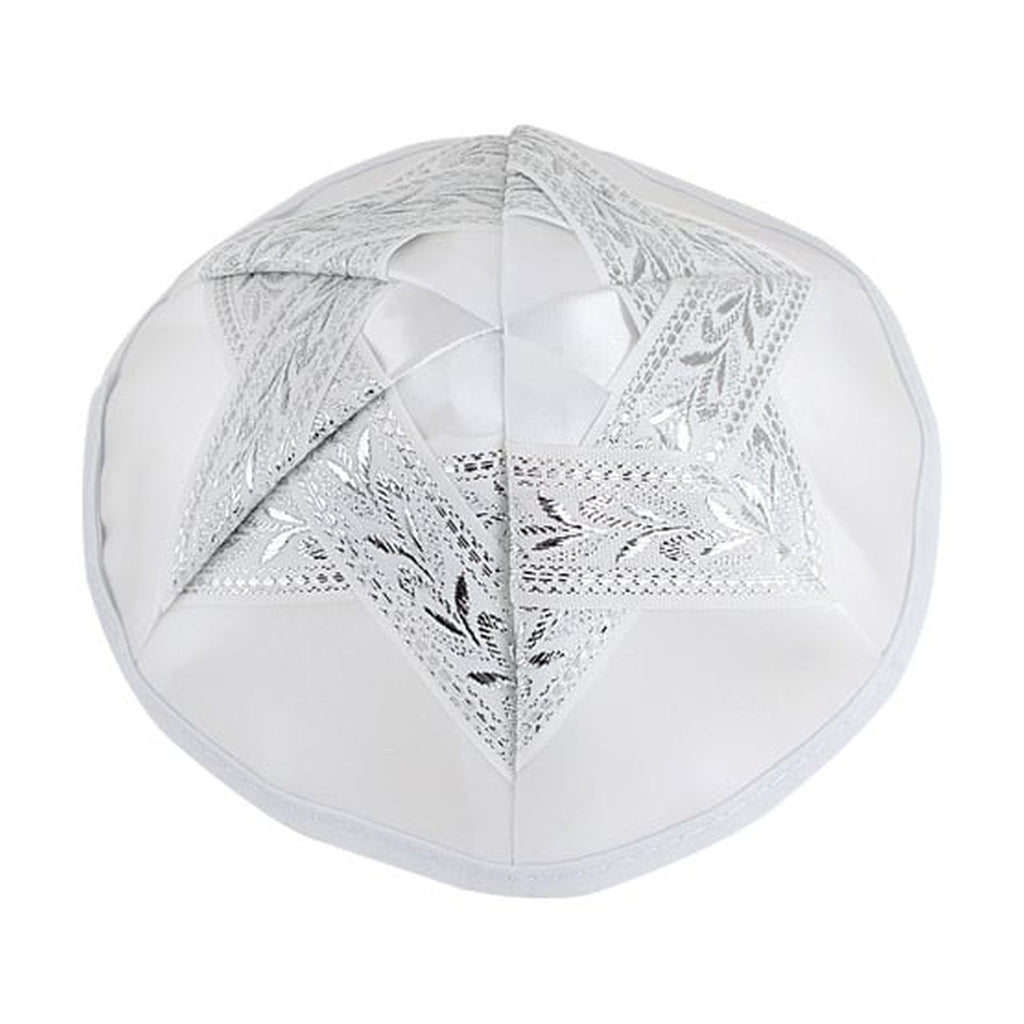 Kippah, White Satin, Silver Magen David