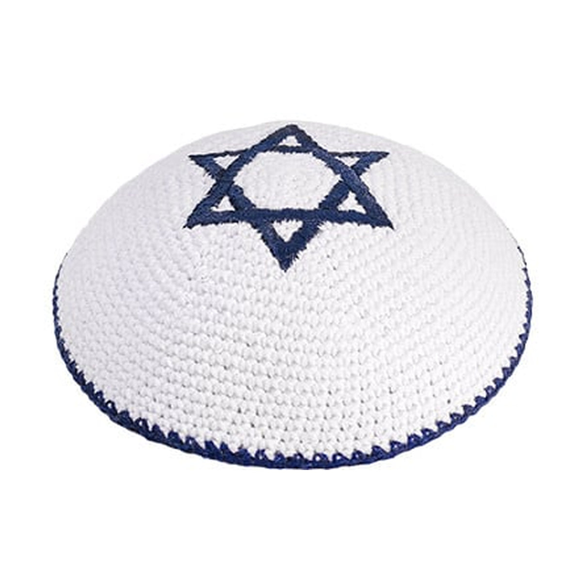 Knitted Kippah 17 Cm- Dark Blue Star Of David Embroidery With Dark Blue Stripe Around