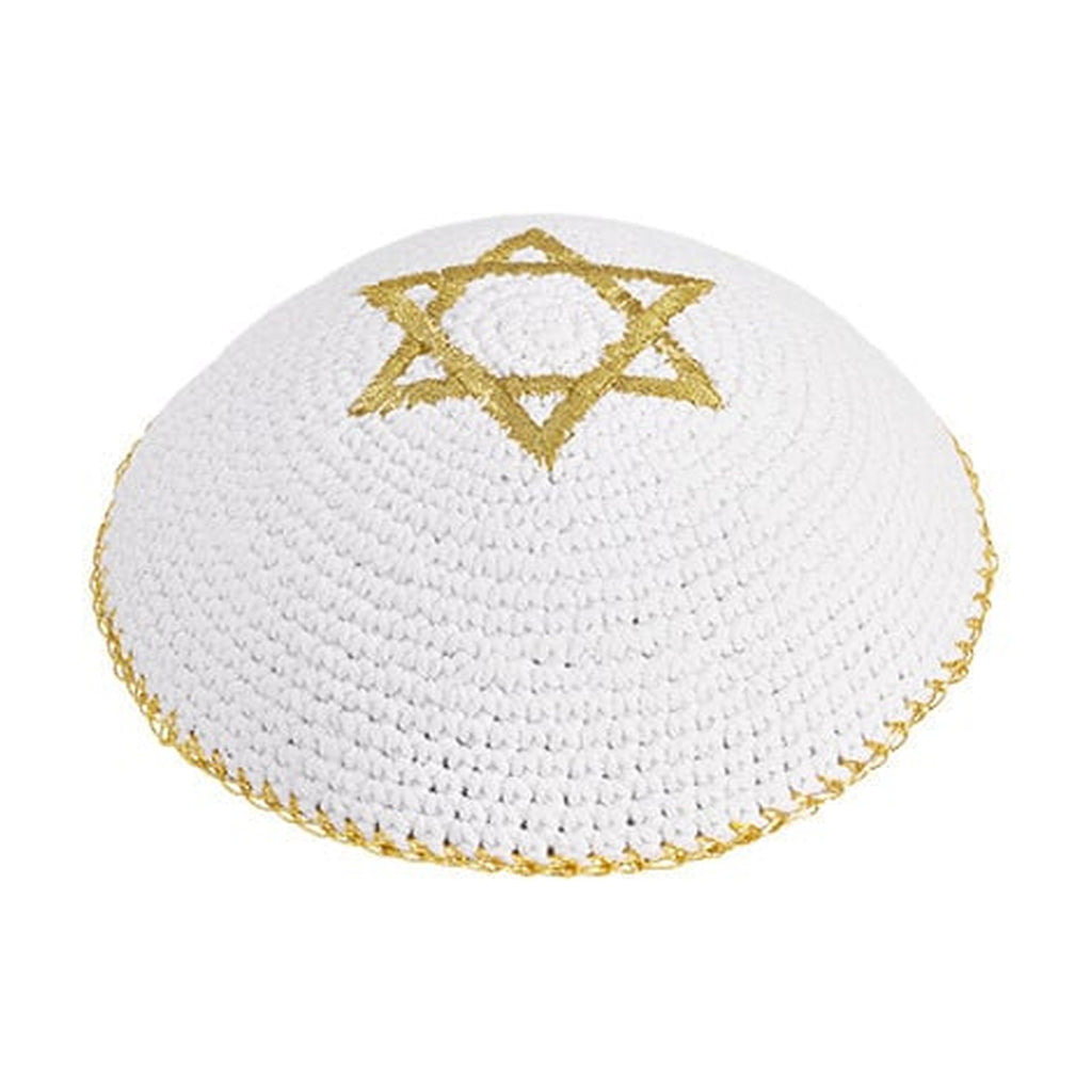 Knitted Kippah 16 cm- White with Golden Magen David Embroidery