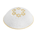 Knitted Kippah 16 cm- White with Golden Magen David Embroidery