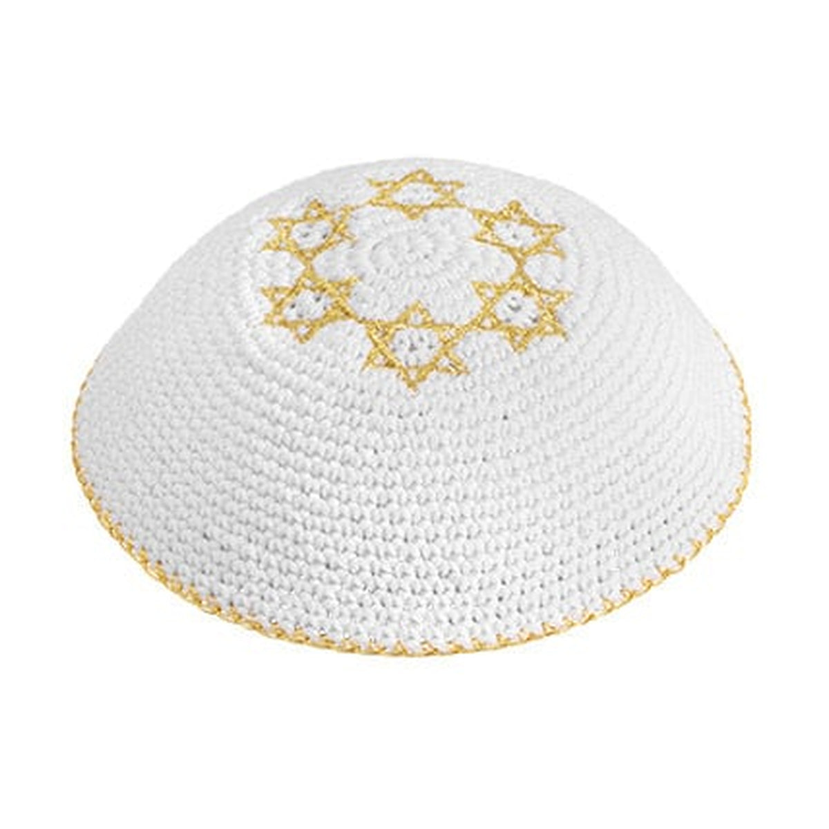Knitted Kippah 16 cm- White with Golden Magen David Embroidery