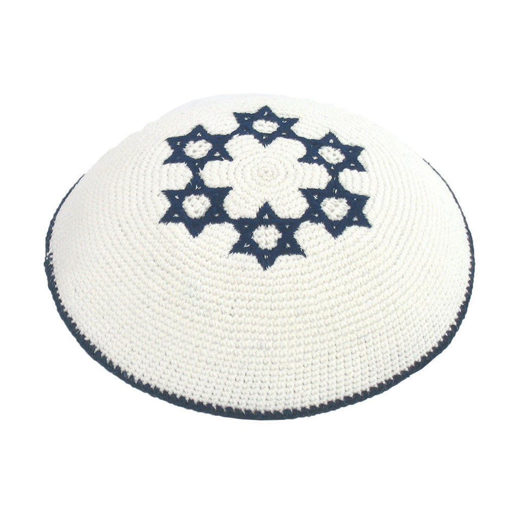 Knitted Kippah 16 cm- White with Blue Magen David Embroidery