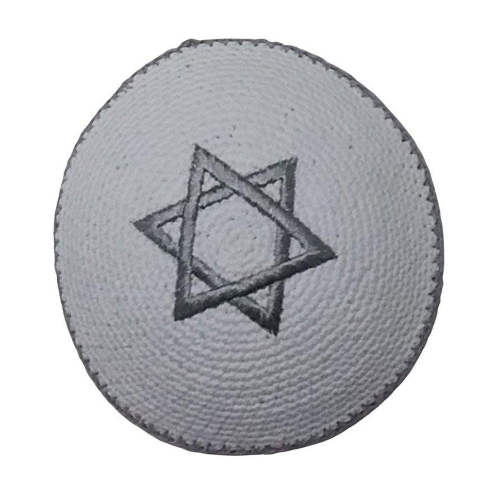 Hand-Crocheted Kippah with Silver Magen David Embroidery, 17cm