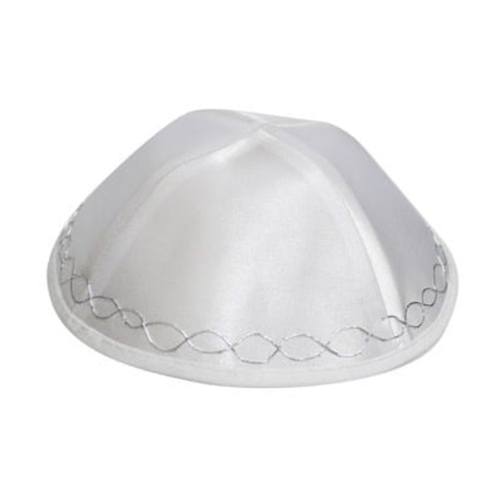 White Satin Kippah with Ornate Design 17 cm