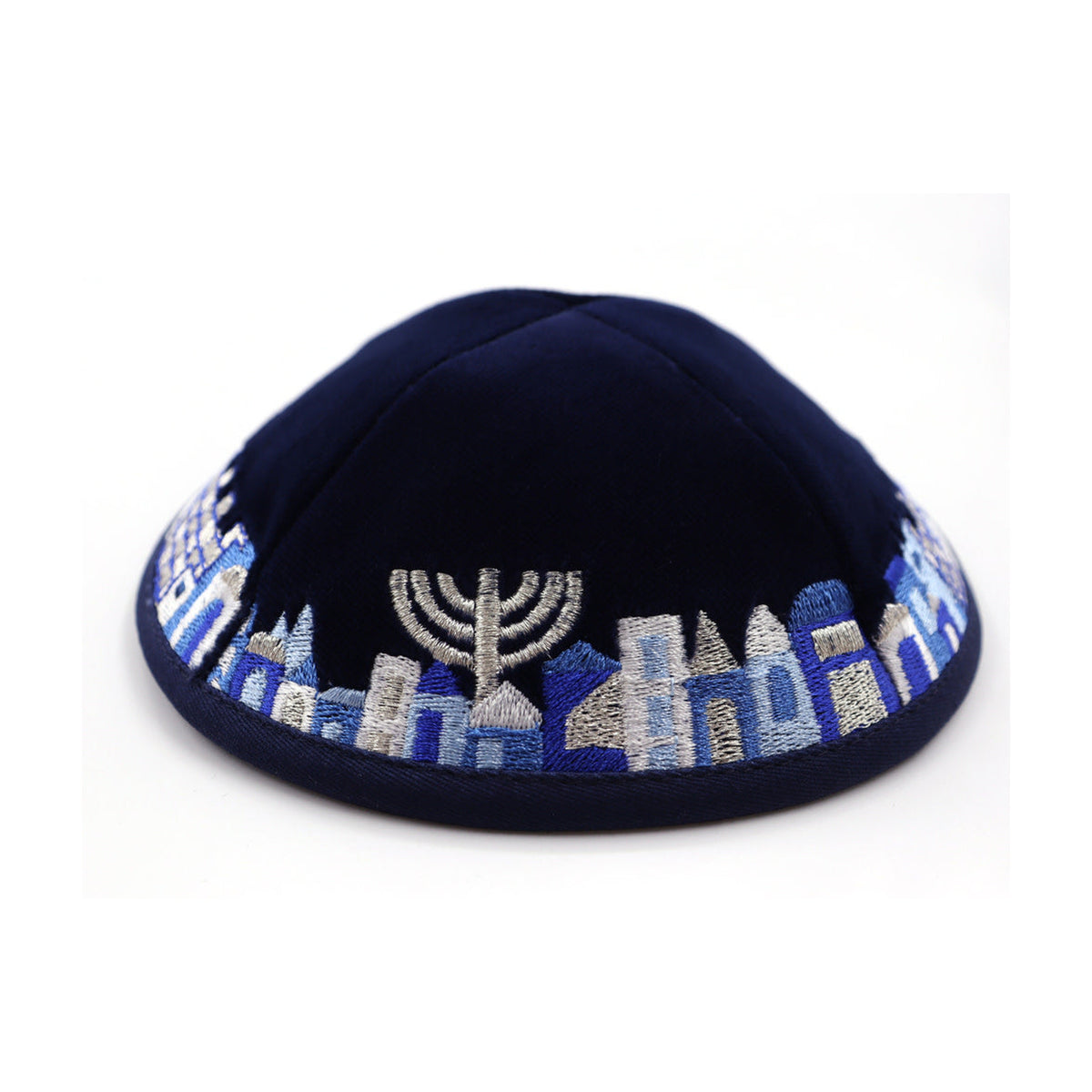 Navy Velvet Kippah with Jerusalem Design