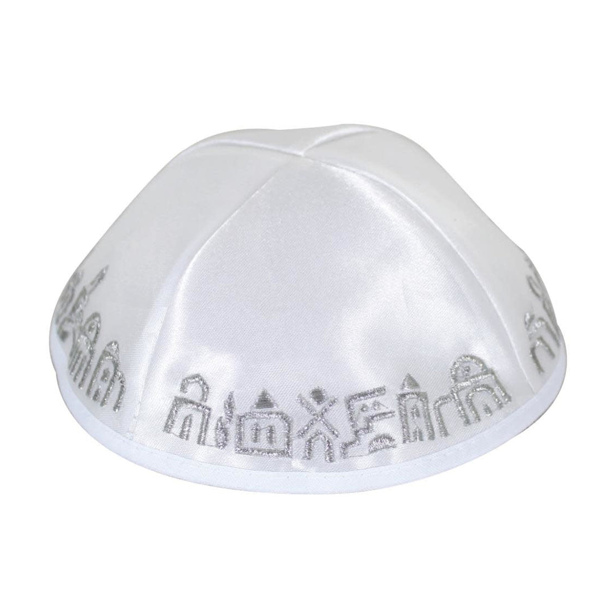 Kippah, White Satin, Silver Jerusalem Embroidery