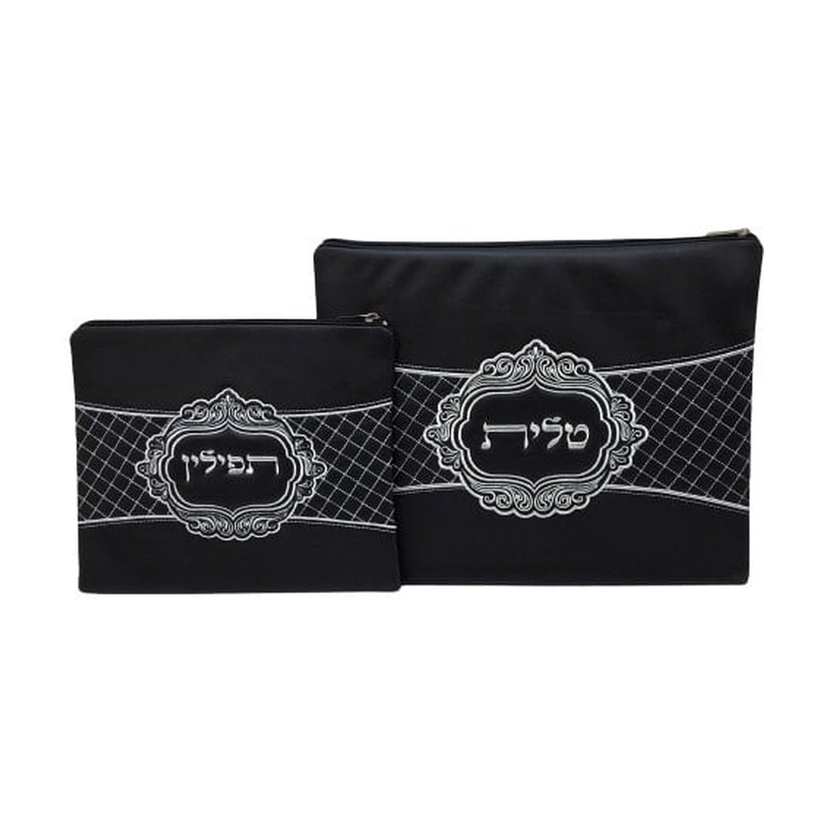 Vinyl Tallit & Tefilin Bag Set, Black with Silver Embroidery