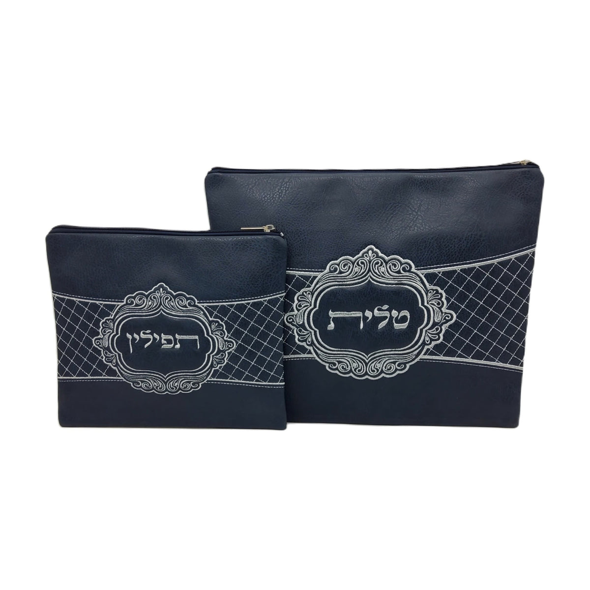 Vinyl Tallit & Tefilin Bag Set, Blue with Silver Embroidery