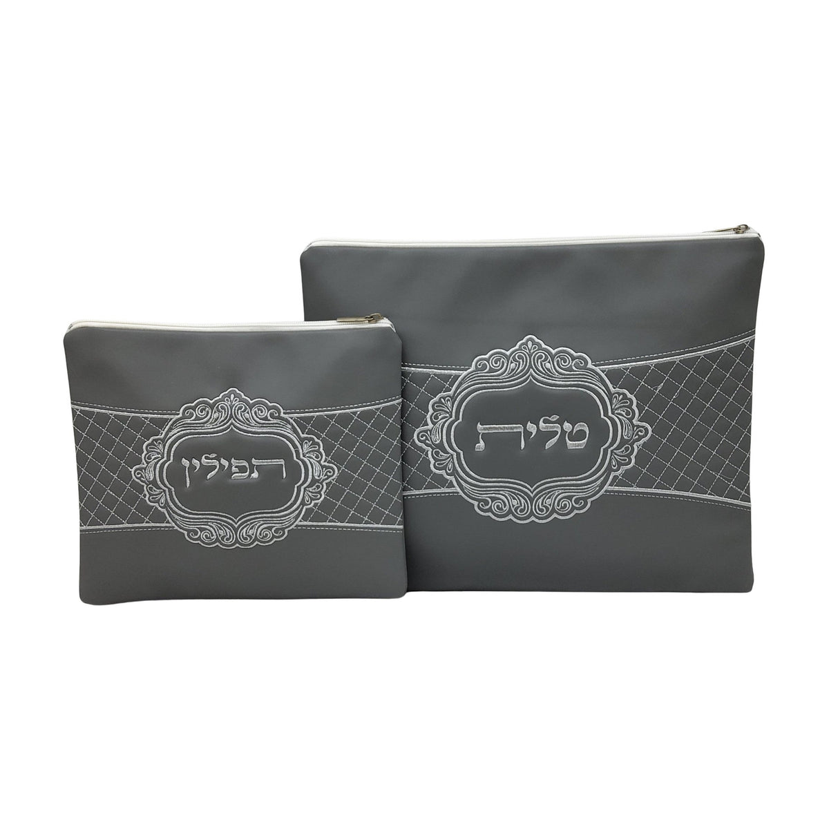 Vinyl Tallit & Tefilin Bag Set, Gray with Silver Embroidery