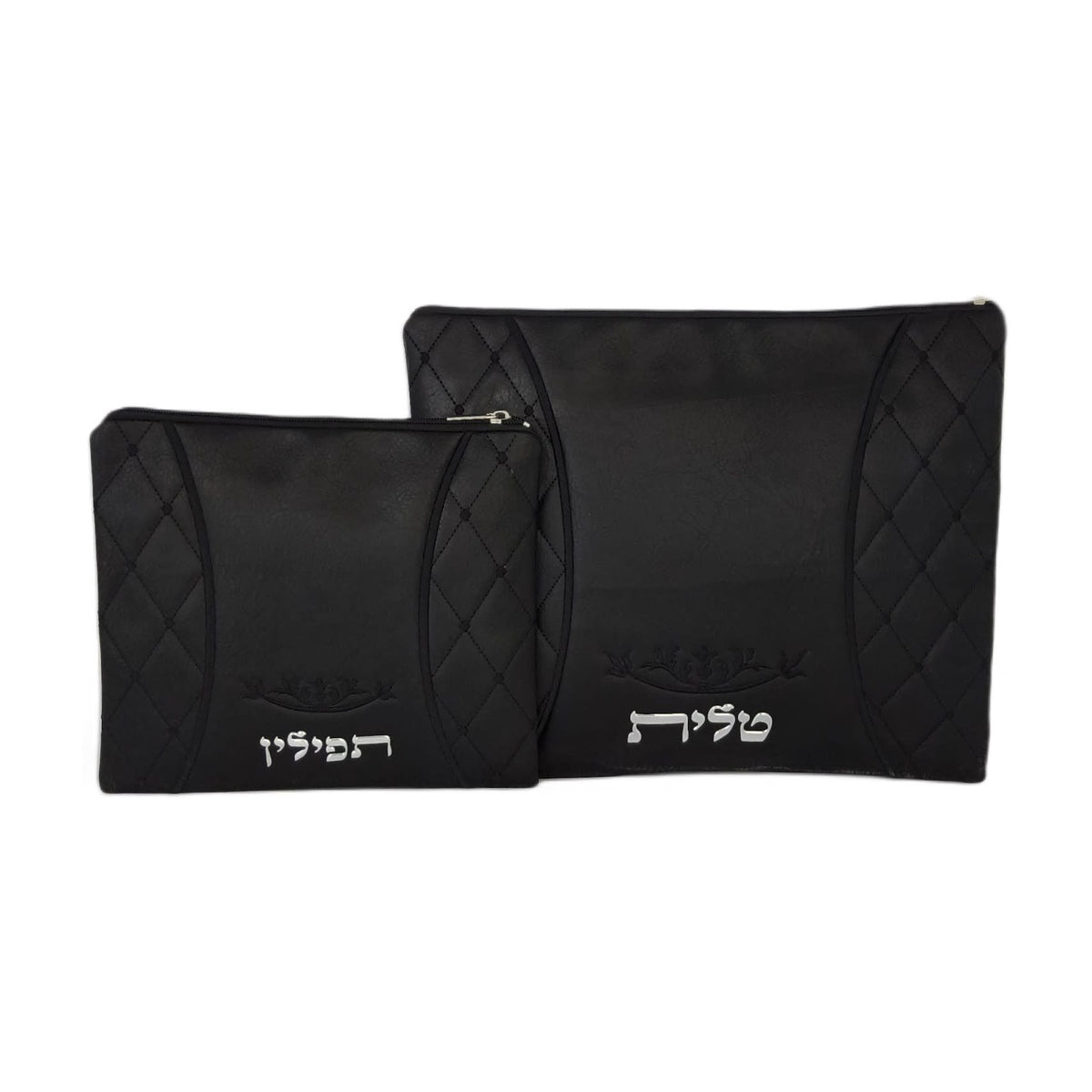 Tallit and Tefillin Bag Set, Black Vinyl With Silver Letters