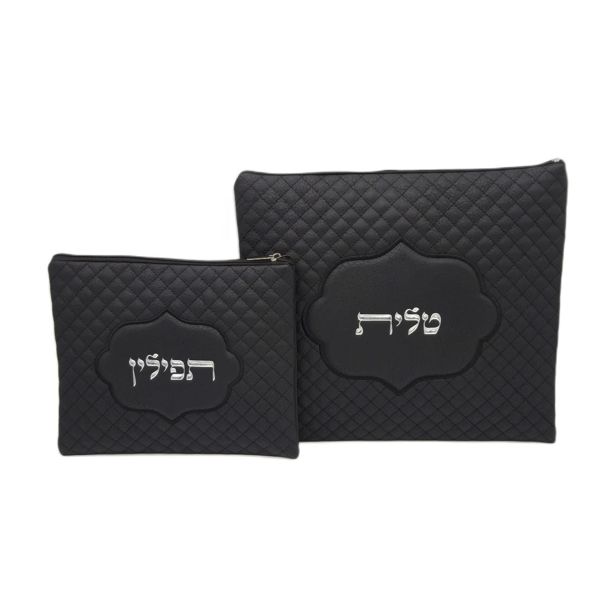 Tallit and Tefillin Bag Set, Black Vinyl With Silver Letters
