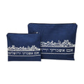 Tallit and Tefillin Bag Set, Gray Linen With Jerusalem Silver Embroidery