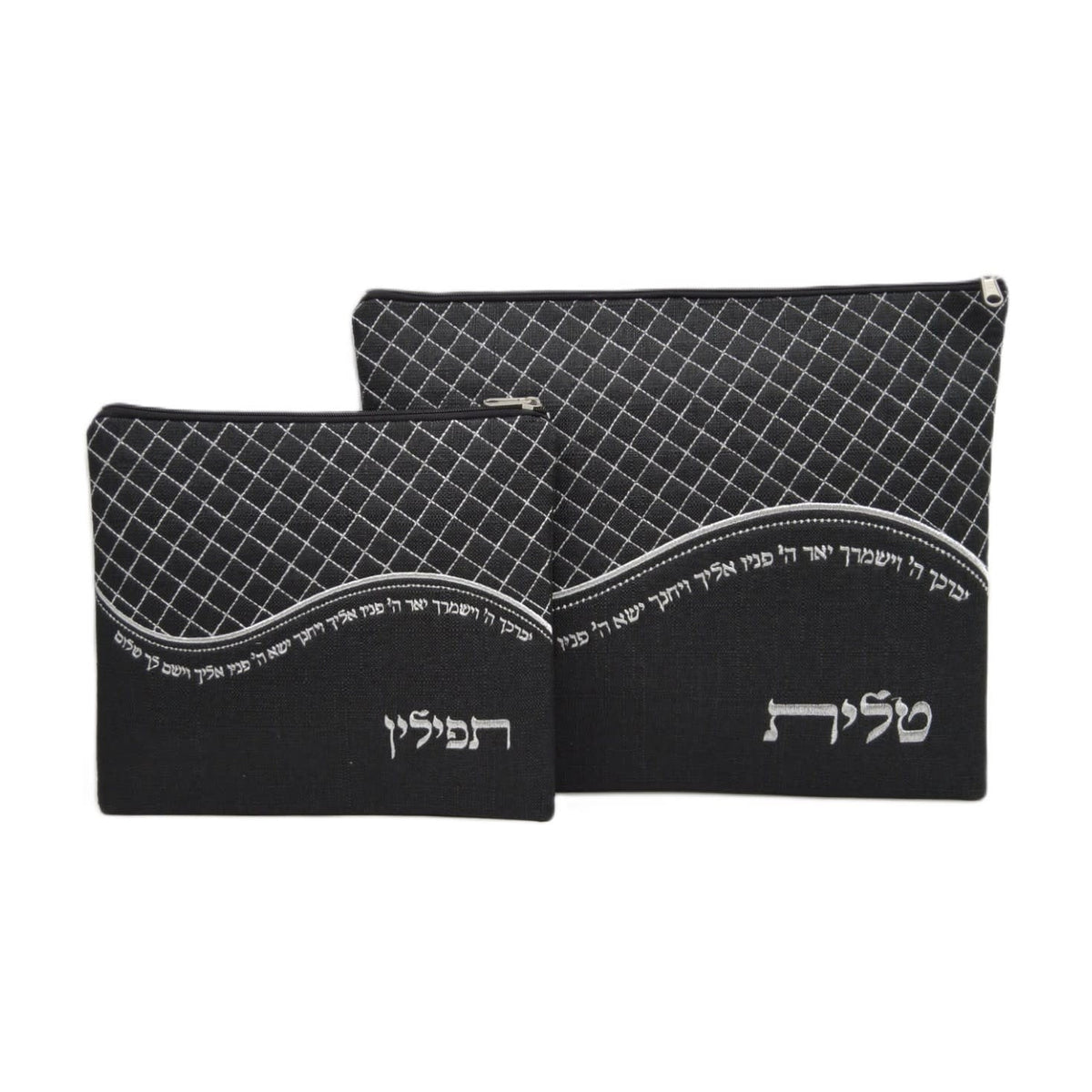 Tallit and Tefillin Bag Set, Black Linen With Wave Design