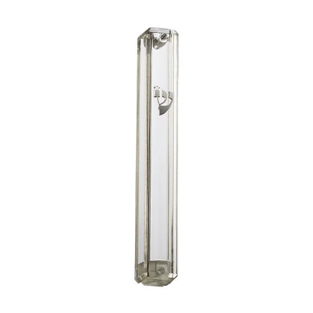 Transparent Plastic Mezuzah With Rubber Cork 12 Cm- With Silver Shin