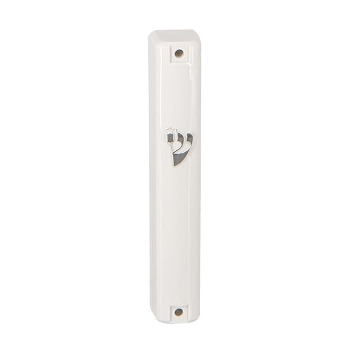 White Plastic Mezuzah With Rubber Cork 12 Cm- With Silver Shin
