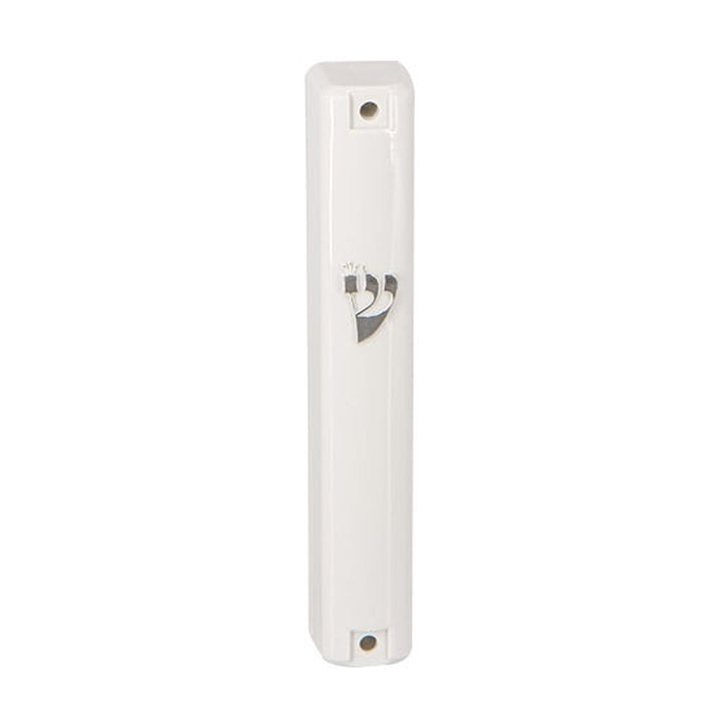 White Plastic Mezuzah With Rubber Cork 12 Cm- With Silver Shin