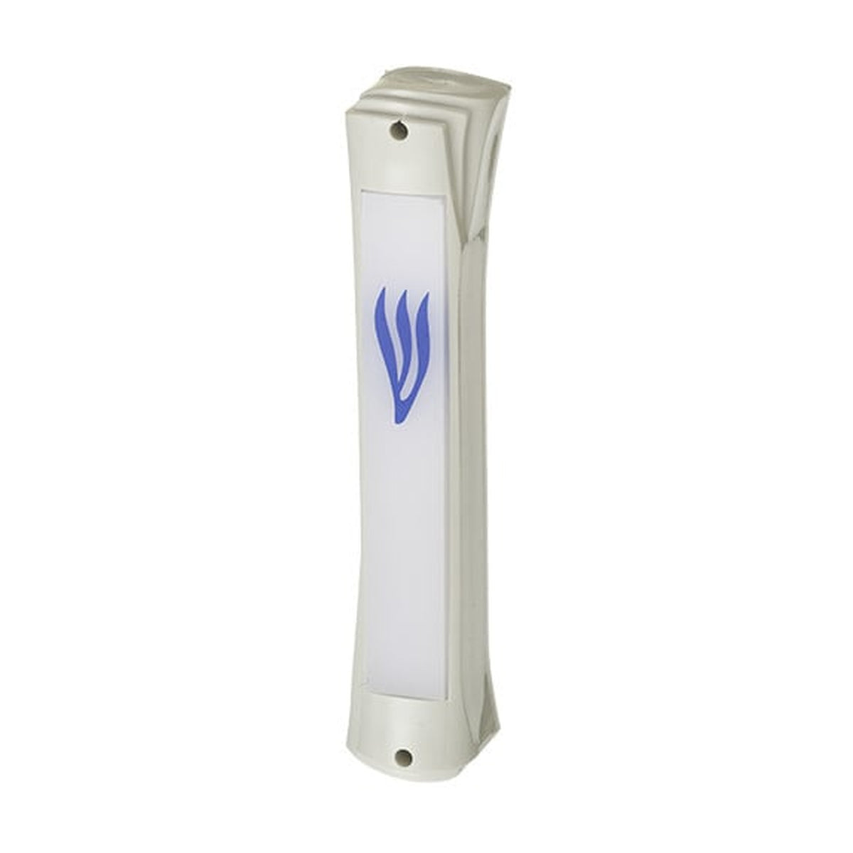 White Plastic Mezuzah with blue shin, 12cm