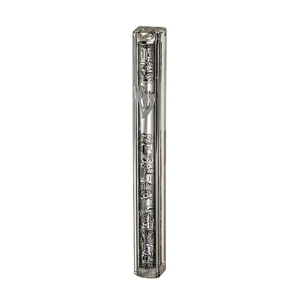 Mezuzah Case, Clear Plastic with Jerusalem Silver Effect Plaque, 12cm