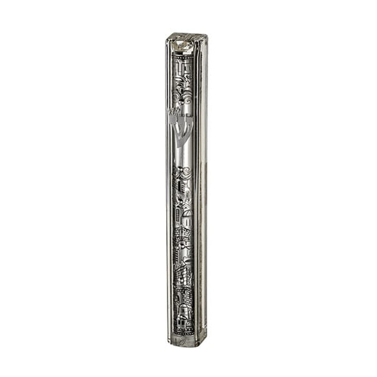 Mezuzah Case, Clear Plastic with Jerusalem Silver Effect Plaque, 12cm