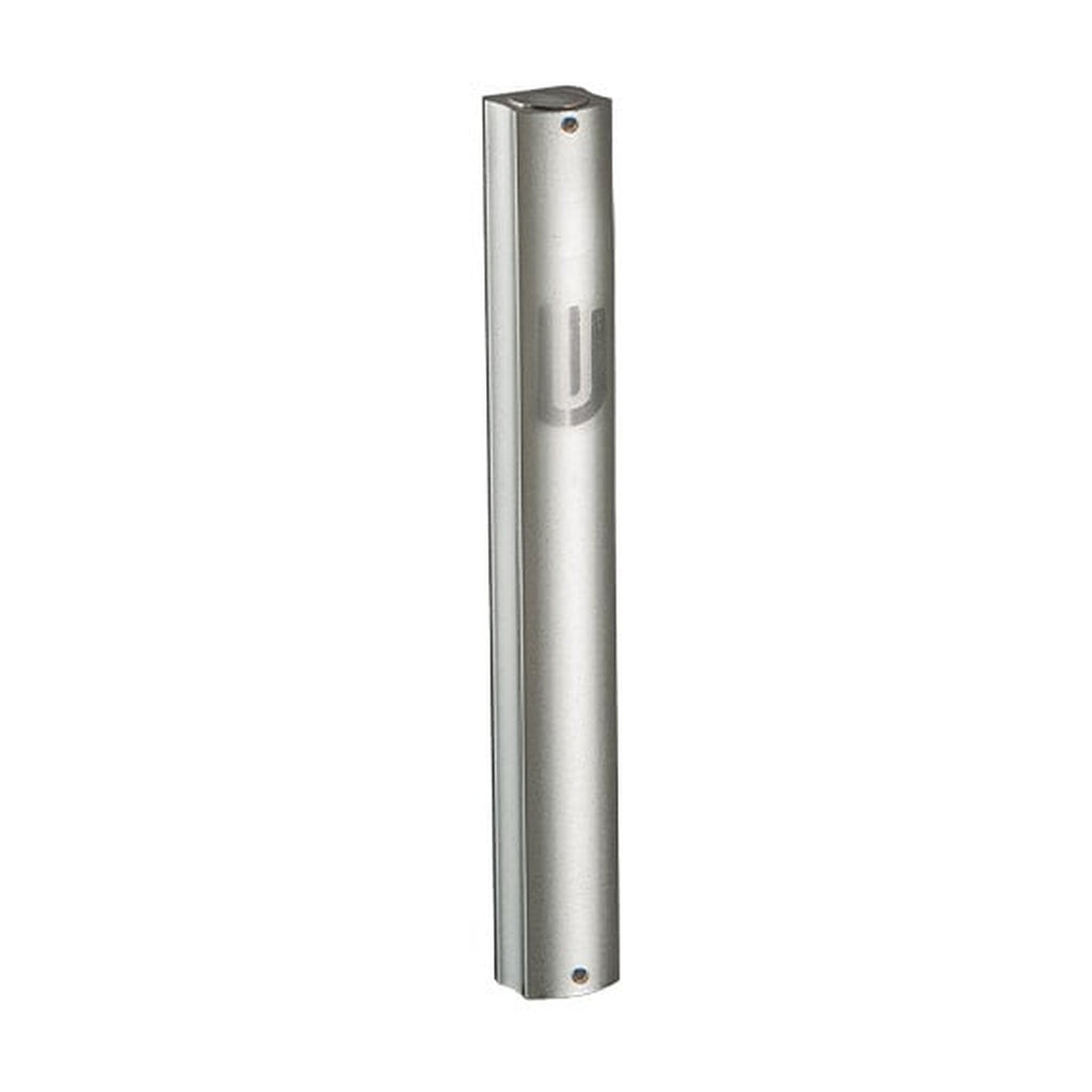 Matte Silver Aluminum Mezuzah Case - Cut-Out "Shin" Design 15 cm
