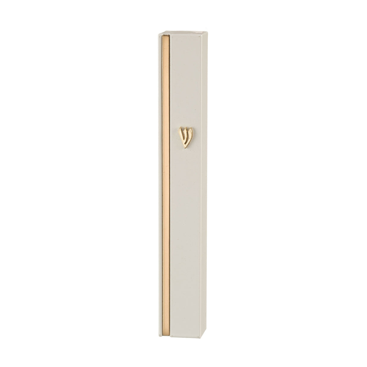 Aluminum Mezuzah 12 cm- White with Metal SHIN & Golden Stripe