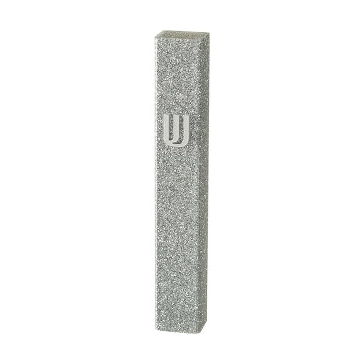 Glitter White Lucite Mezuzah Case with Silver Shin 12 cm