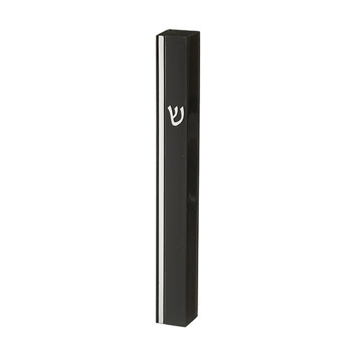 Black Plastic Mezuzah Case - Gold Shin & Stripe 15cm