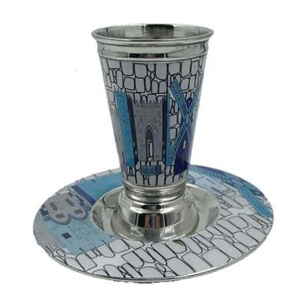 Stemless Steel Kiddush Cup with Tray, Jerusalem Windmills Design