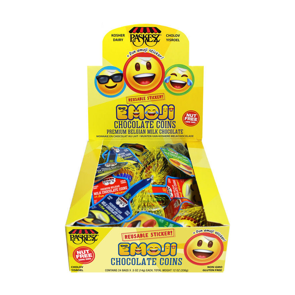 Chocolate Gelt Coins with Emoji Stickers, Chalav Yisrael Milk Chocolate