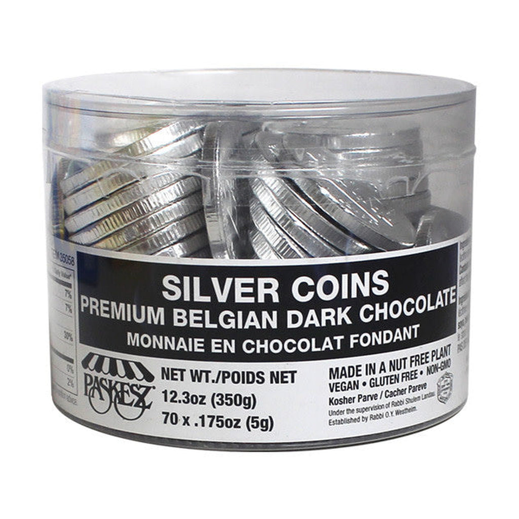 Silver Chocolate Chanukah Gelt, Bittersweet Pareve, Tub of 70 Coins