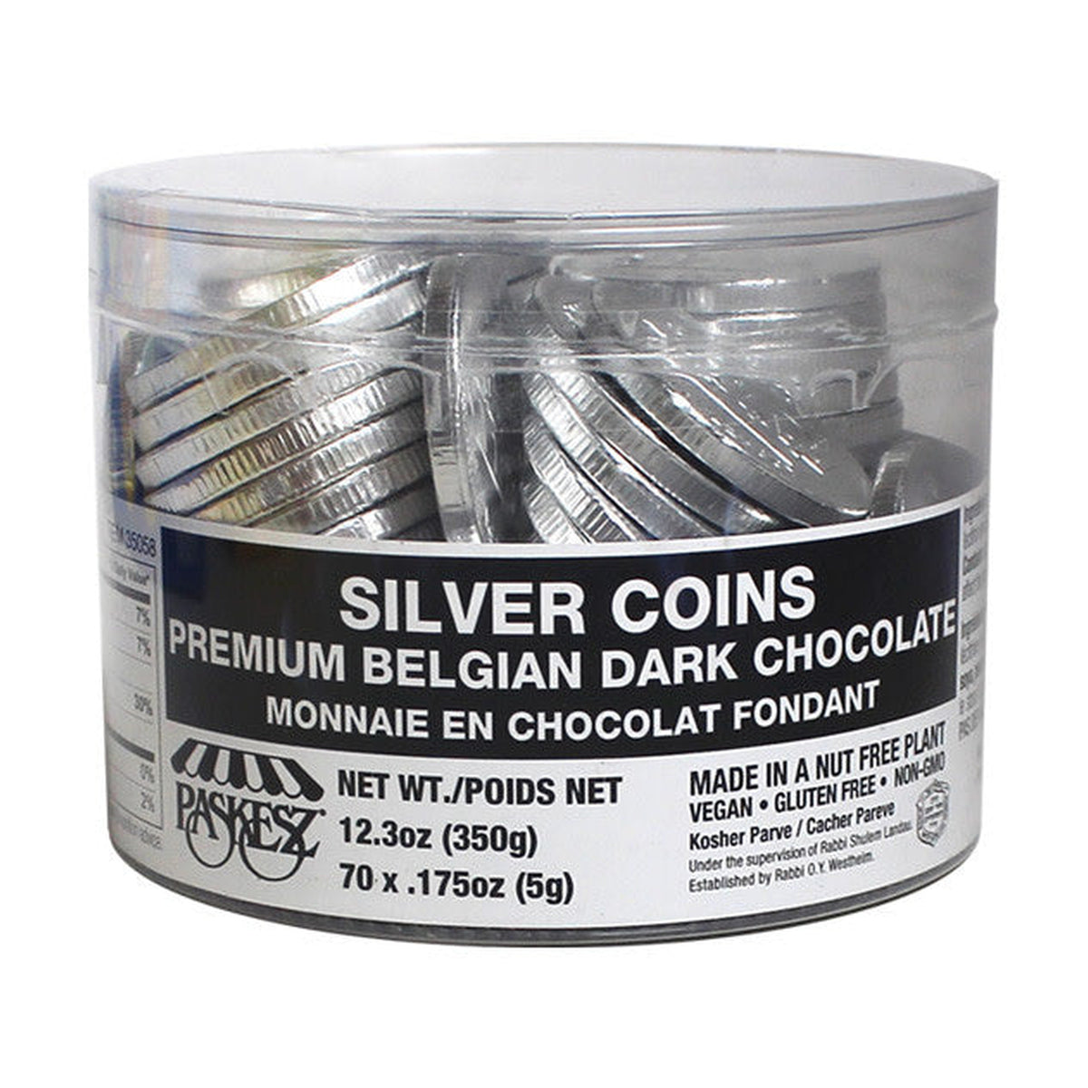 Silver Chocolate Chanukah Gelt, Bittersweet Pareve, Tub of 70 Coins