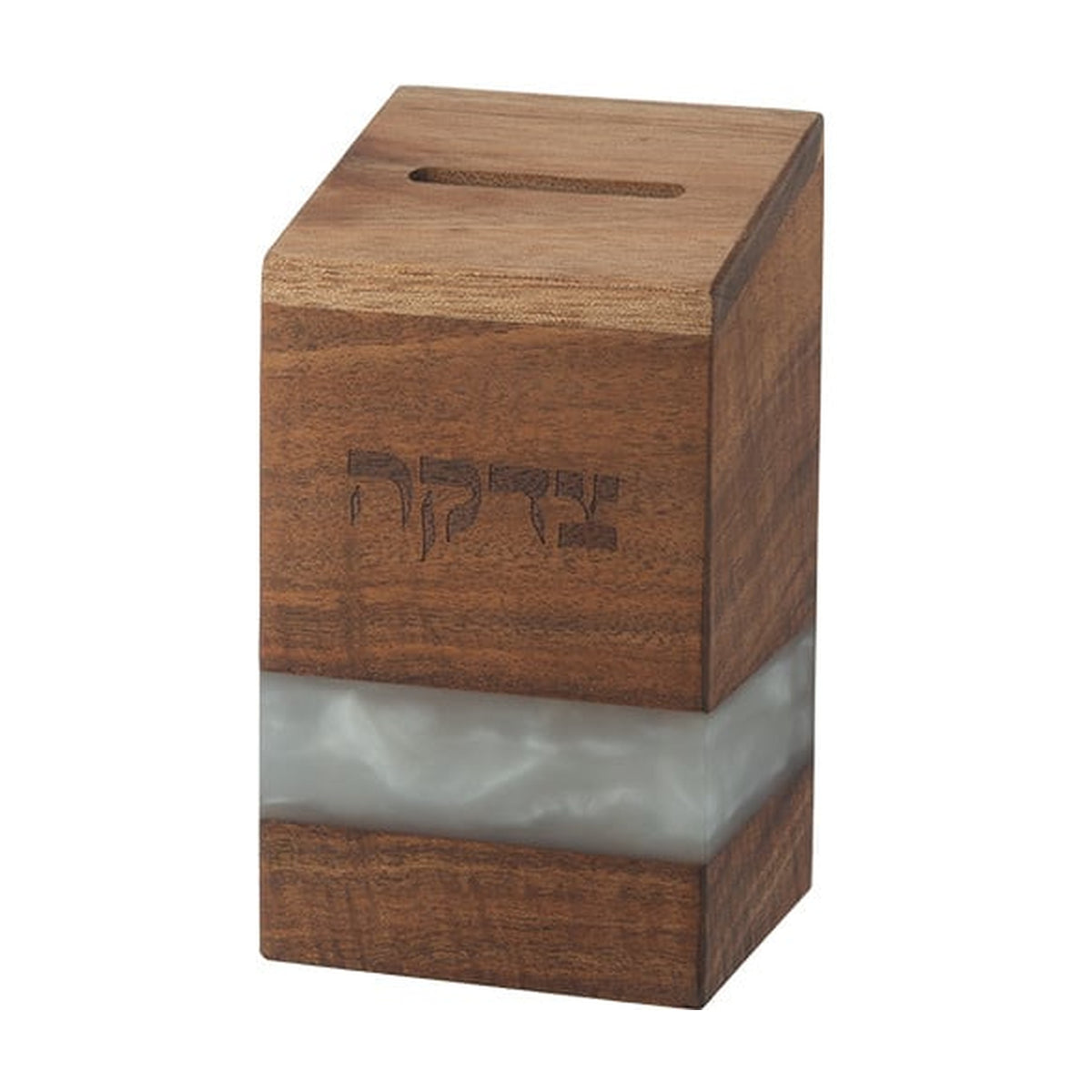 Wood Tzedakah Box with White Epoxy (14 cm)