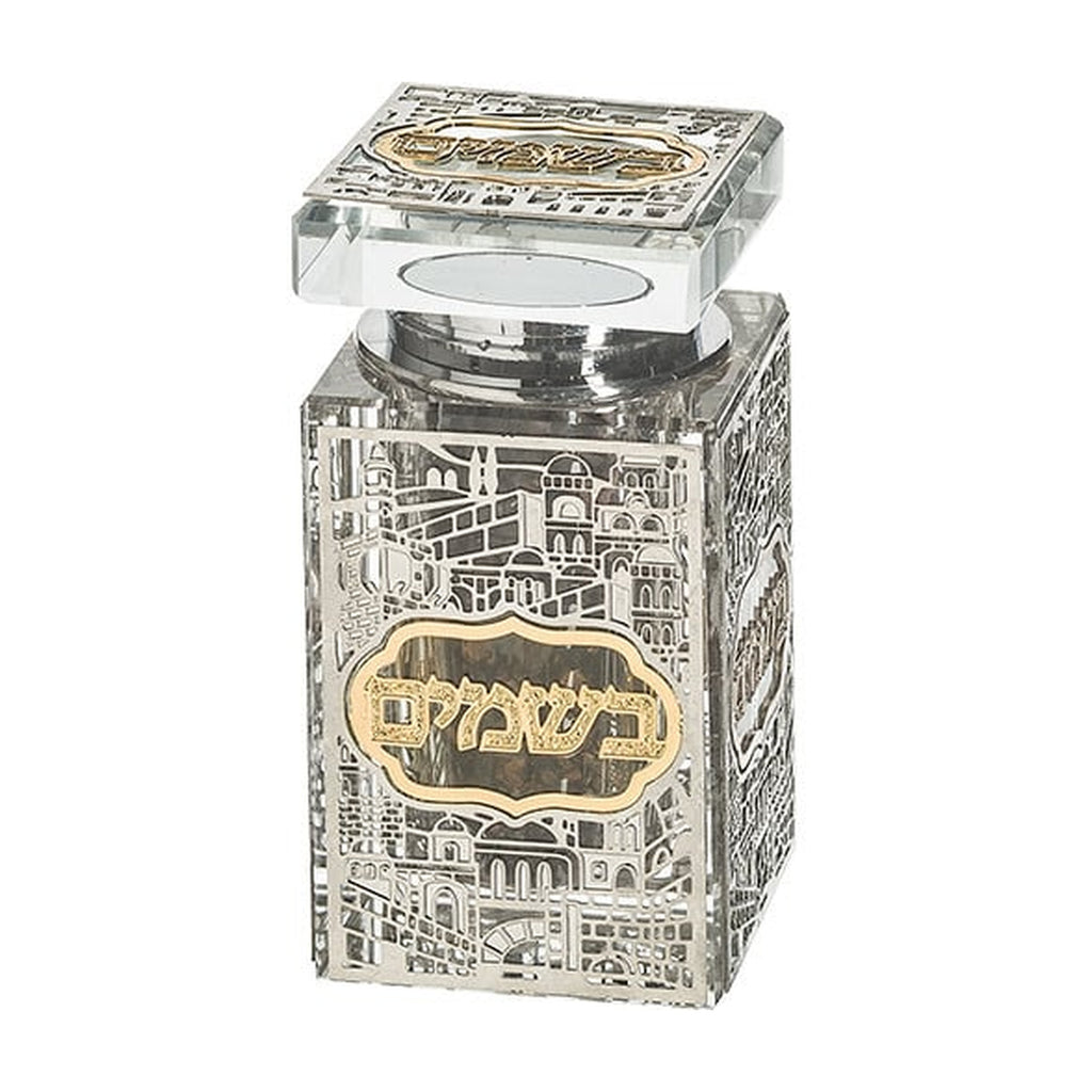 Crystal Besamim Holder with Laser Cut Jerusalem Overlay