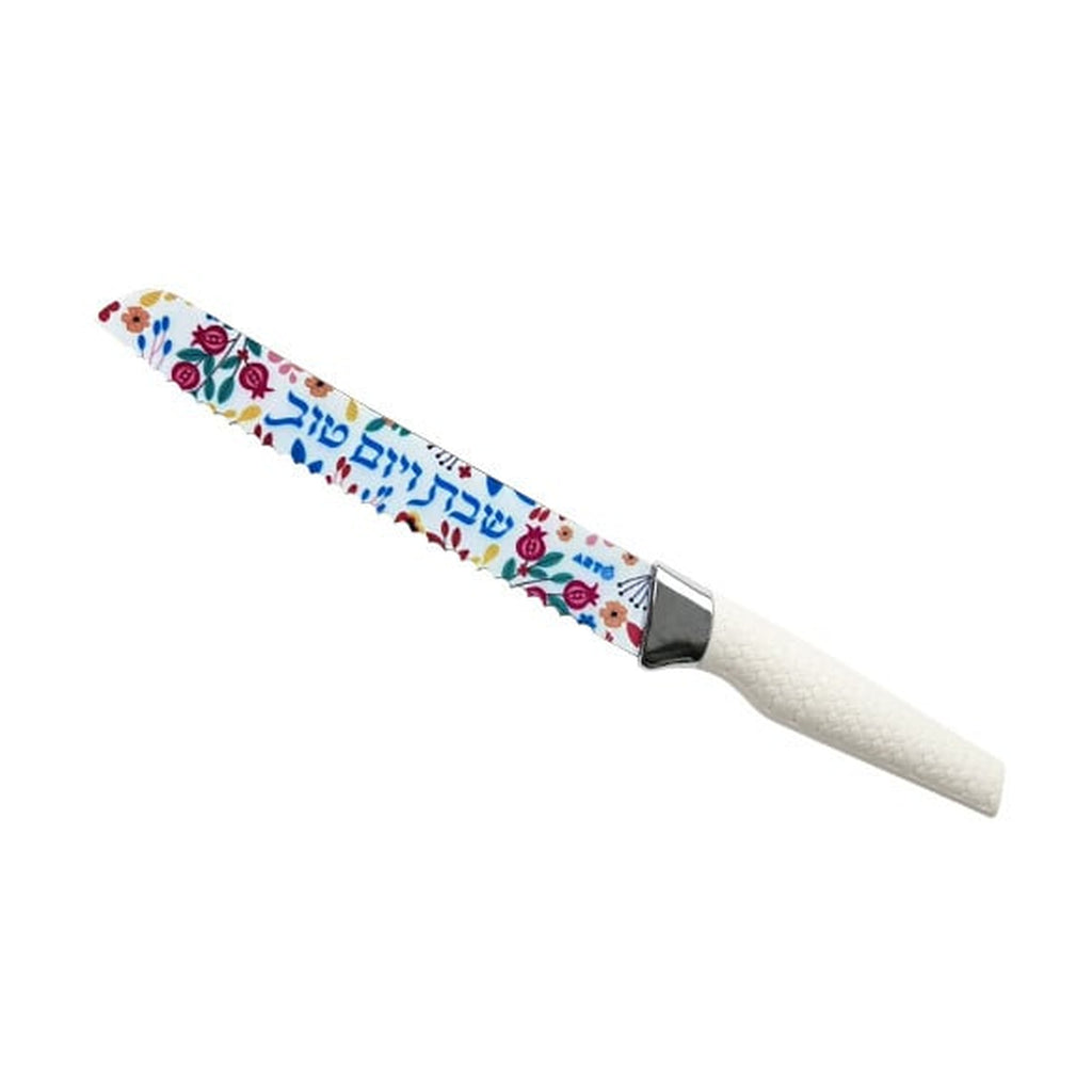 Shabbat Challah Knife with Decorative Blade – “Shabbat VeYom Tov” Red Pomegranate Design