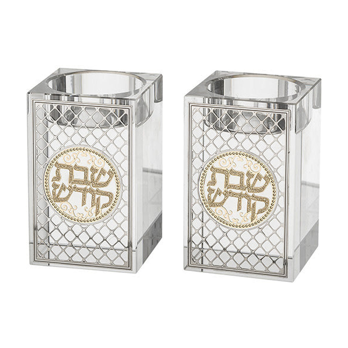 Candlesticks, Crystal with Metallic Plaque Decoration