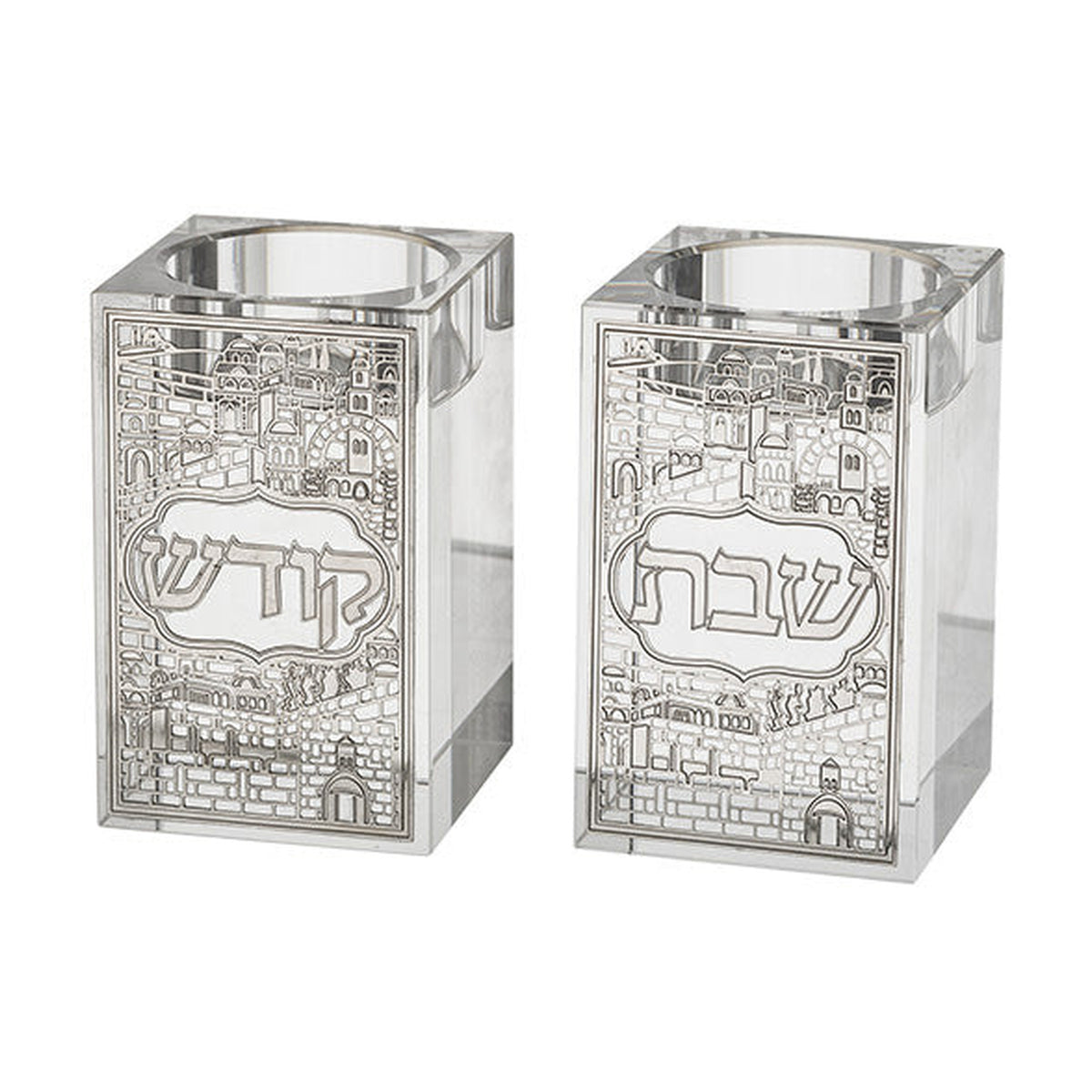 Candlesticks, Crystal with Metallic Plaque Decoration