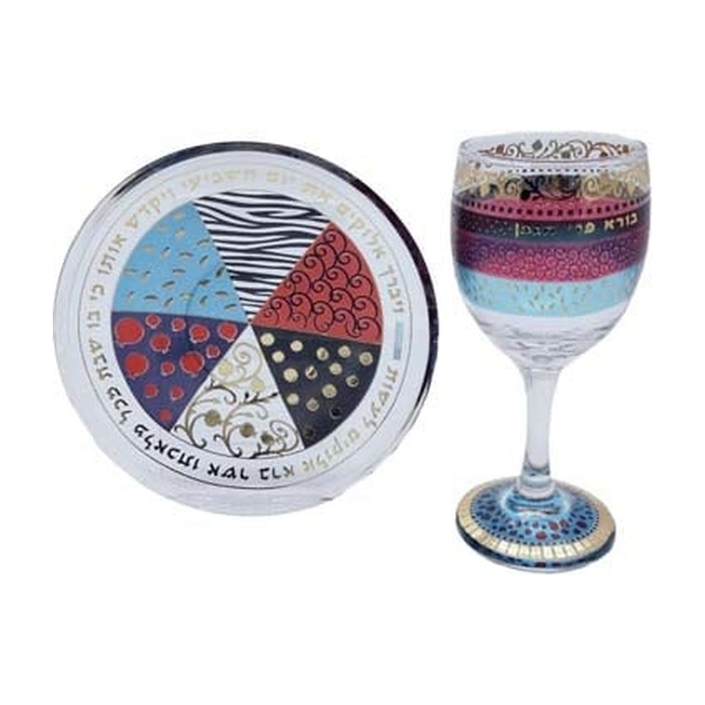Glass Stemmed Hand-Decorated Kiddush Cup with Tray
