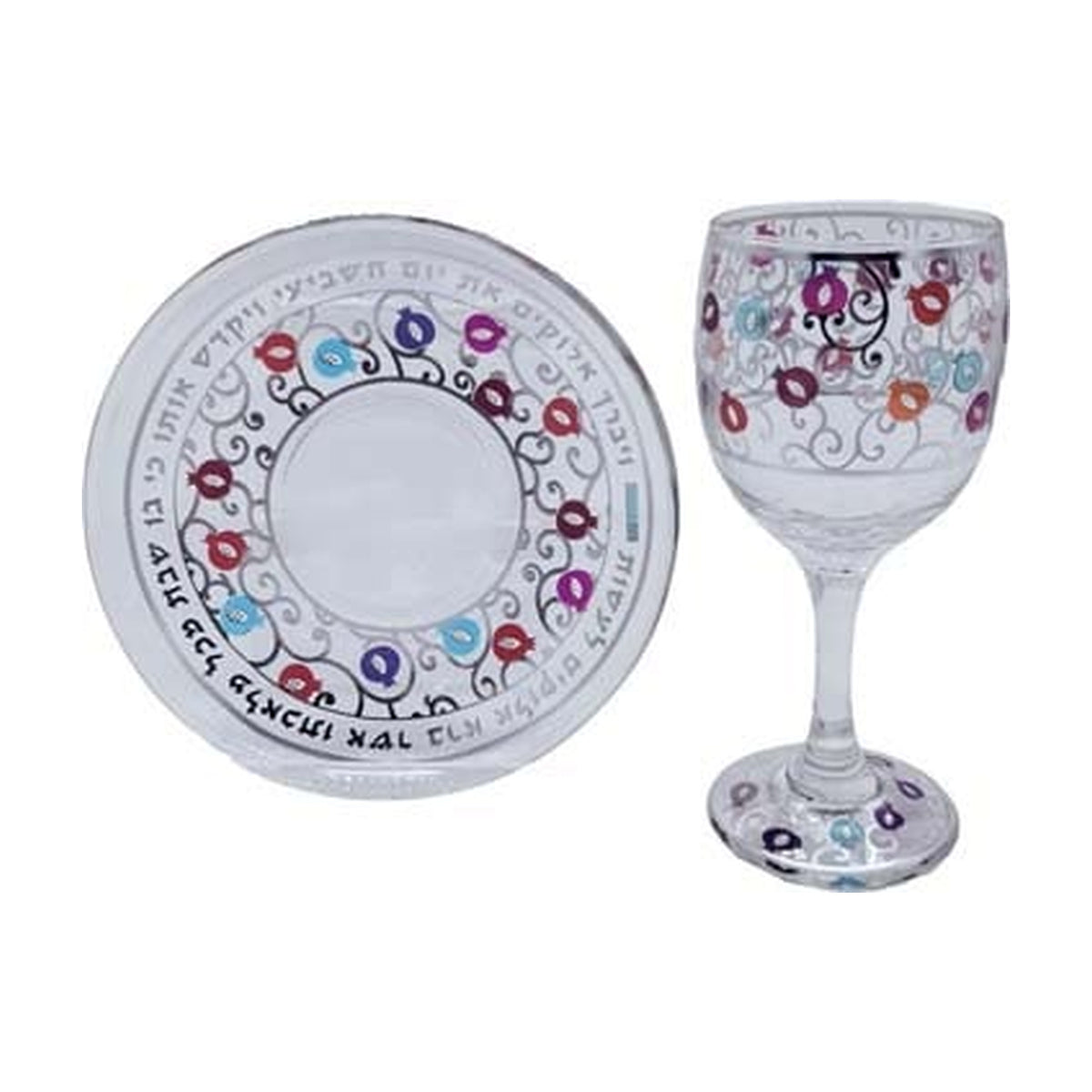 Glass Stemmed Hand-Decorated Kiddush Cup with Tray
