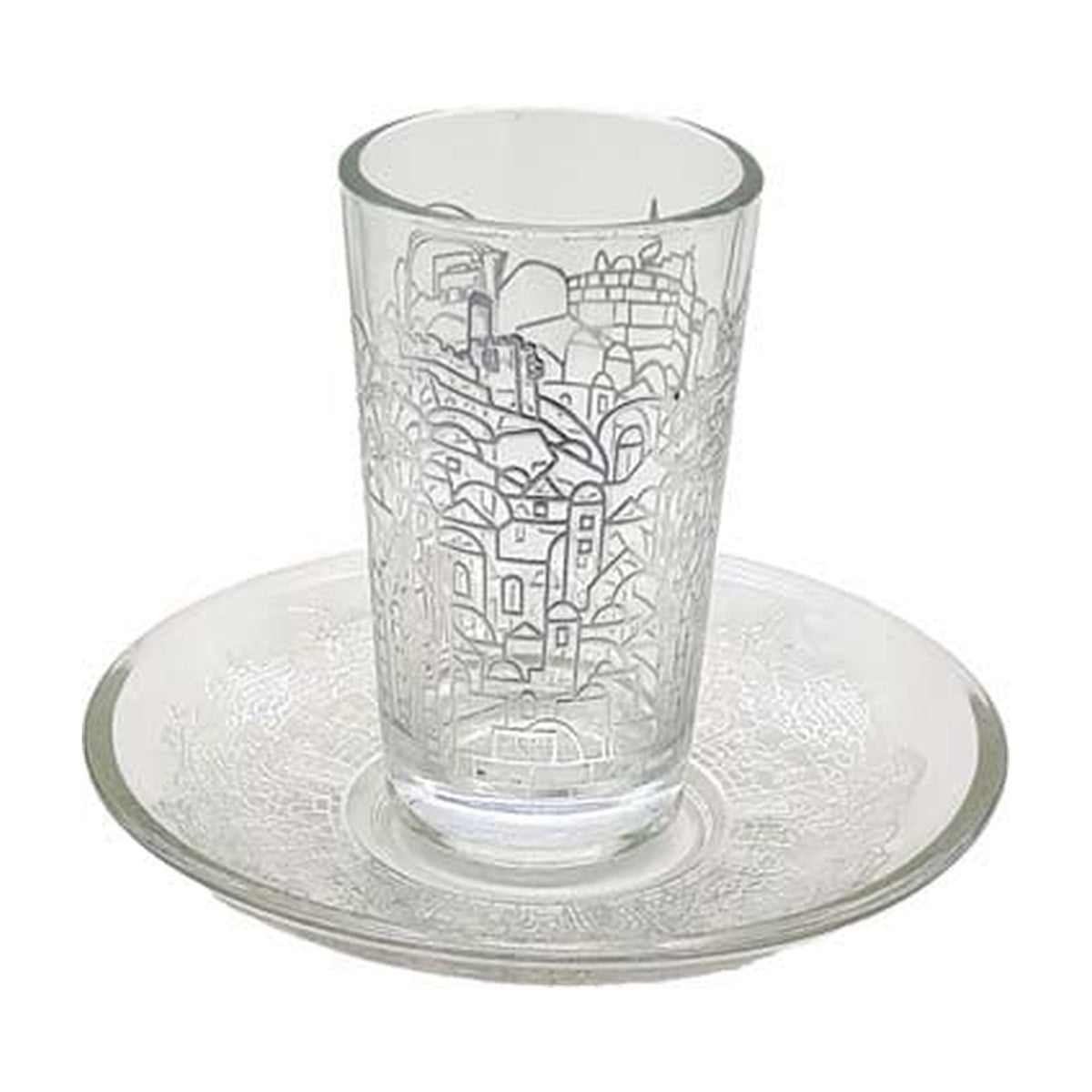 Glass Stemless Kiddush Cup with Tray, Jerusalem Design in Silver