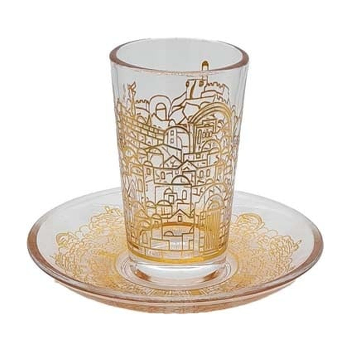 Glass Stemless Kiddush Cup with Tray, Jerusalem Design in Gold